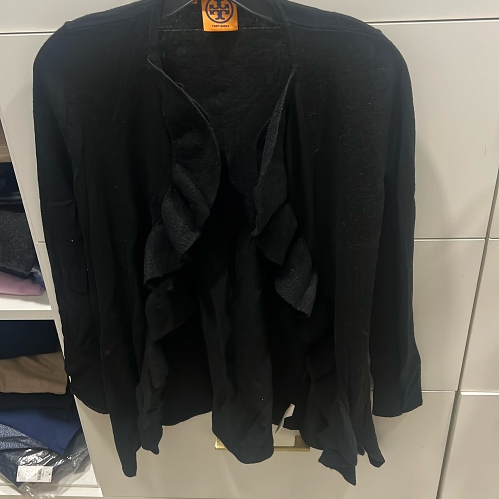 Tory Burch black wool ruffle detail cardigan